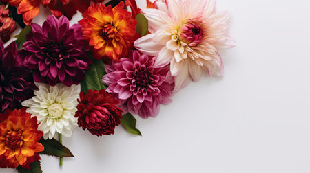 Banner beautiful flowers bouquet with copy space, vivid colors and white backgroundの素材