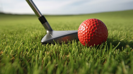Red golf ball and a golf club in the grassの素材