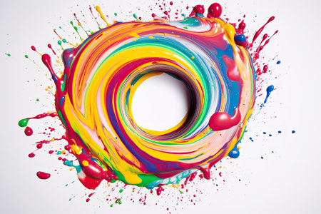 Curved wave colorful pattern with paint drops on white background. Big hole in the middleの素材