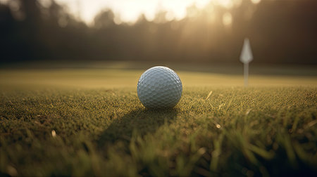 close-up shot of a white golf ball and green grassの素材