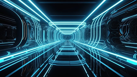 Abstract futuristic blue tunnel background with neon lightsの素材