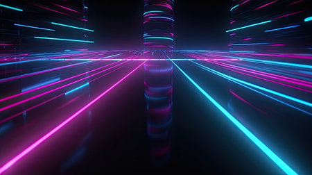 Abstract neon background of perspective view of spiral tunnel and glossy floor reflectionの素材