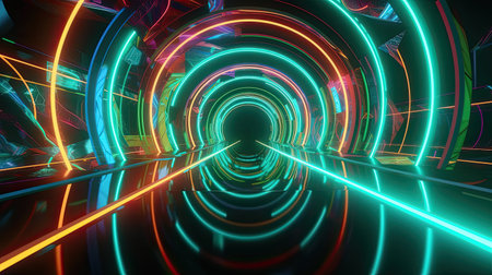 Abstract orange and green neon background with a tunnel and glossy floor reflectionの素材