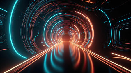 neon background of spiral tunnel and glossy floor reflectionの素材