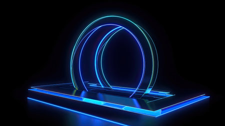 neon linear ring glowing in the dark with clean lines and black backgroundの素材