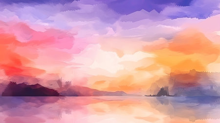 abstract sunset landscape painting made with watercolors. orange purple backgroundの素材