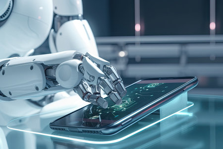 robot touching a futuristic cell phone on a tableの素材