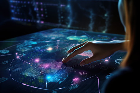 Futuristic technology: person using a new touch screen systemの素材