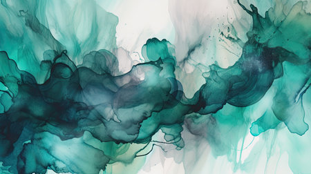 abstract watercolor paint effect background using a palette of teal blue and greenの素材
