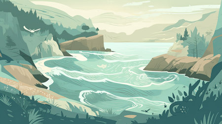 a painting of a rocky coast with a bird flying over itの素材