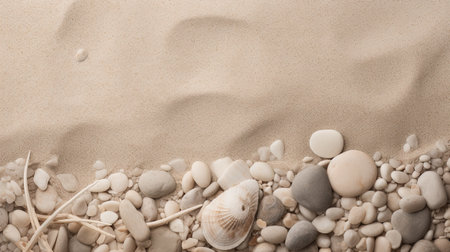 close-up view of a sandy beach, stones and shells with space for textの素材