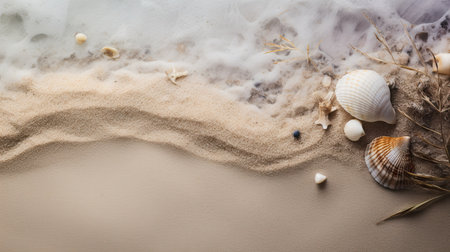 Sandy beach background with shells, natural elements and copy spaceの素材
