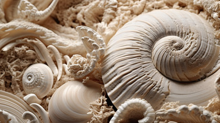 close-up view of seashells texture with intricate spirals and delicate texturesの素材