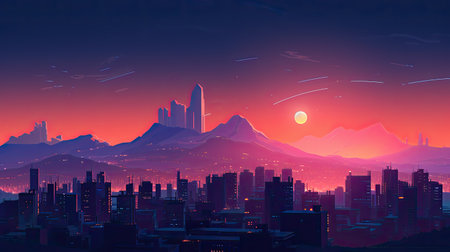 Painting of a futuristic city at sunset with mountains in the background in red and blue colorsの素材