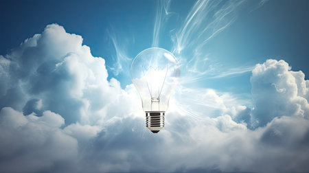 idea light bulb floating in the air surrounded by subtle rays of light. Incorporate a blank banner below the light bulb for customizable text or imagery.の素材