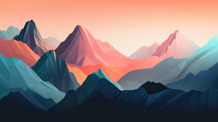 Polygonal illustration of a mountain range with a sunset in the backgroundの素材