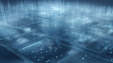 futuristic background with lots of blue lights, circuits and linesの素材