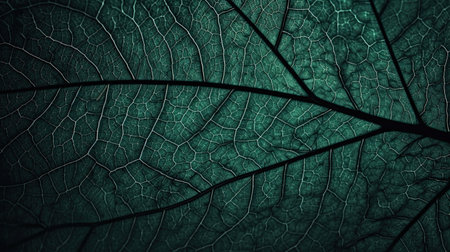 Close-up view of a leaf texture with intricate network of veins and shades of green.の素材