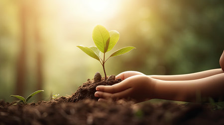 serene and uplifting background of child hands holding young plant with dramatic sunlightの素材