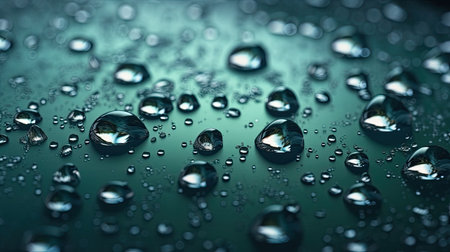 water droplet texture. The droplets glisten with reflected light, creating a refreshing and dynamic backgroundの素材