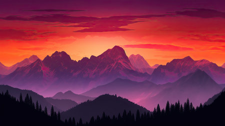 silhouetted mountains at dusk illustration with red, purple and orange colorsの素材