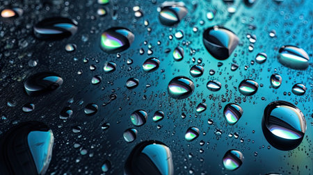 top-down view of water droplets texture in a gradient blue surface. Background with copy space.の素材