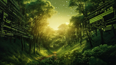 Futuristic forest with digital elements and binary codeの素材