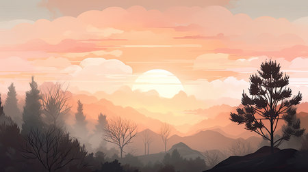 painting of a sunset over a forest with pastel colors and copy spaceの素材