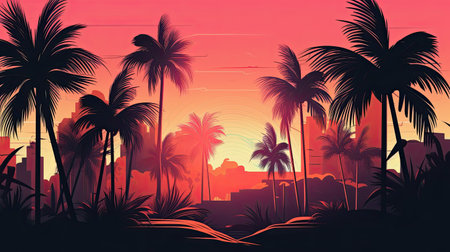 painting of a sunset with palm trees and red palette colorsの素材