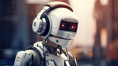 robot with headphones listening to music on the streetの素材