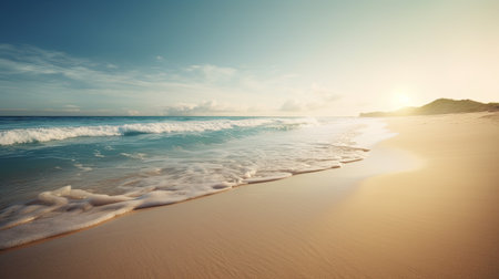 Beach scene background with soft sands and gentle ocean wavesの素材
