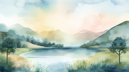 Tranquil lake and rolling hills. watercolor landscape backdropの素材