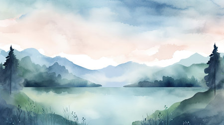 watercolor landscape background featuring rolling hills and a tranquil lakeの素材