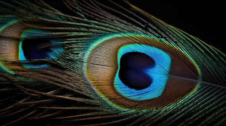 Peacock feather texture - rich colors, intricate close-up details.の素材