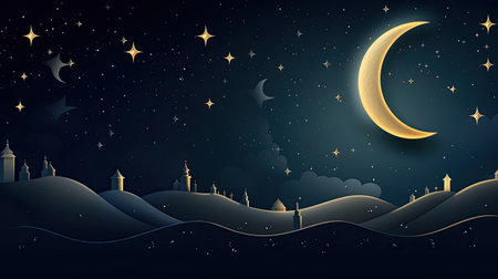 Luminous moon with stars in night sky. Digital illustration.の素材