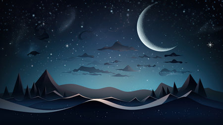 Enchanting digital painting: crescent moon night sky with copy roomの素材