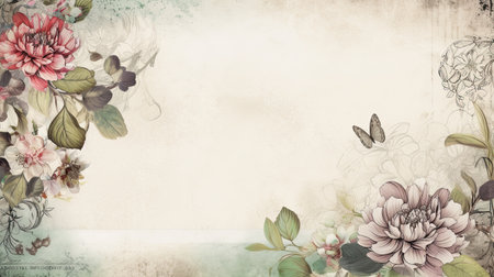 painting of flowers and butterflies on a white background with copy spaceの素材