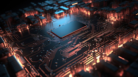 Digital innovation - glowing circuitry and printed components on tech motherboardの素材