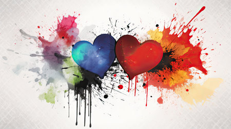 Love watercolor painting with hearts, strokes and colorful paint splatters.の素材
