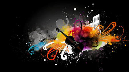 Musical Abstract background with dynamic music notes and instrumental motifsの素材