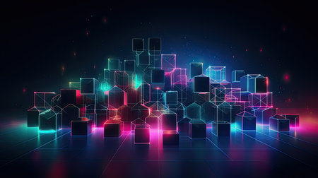 Neon Technology background with vibrant geometric shapes and mesmerizing holographic overlaysの素材