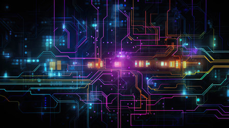 Tech backdrop with colorful lines and electronic componentsの素材
