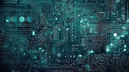 Computer Motherboard Background with intricate circuit patterns and vibrant digital elementsの素材