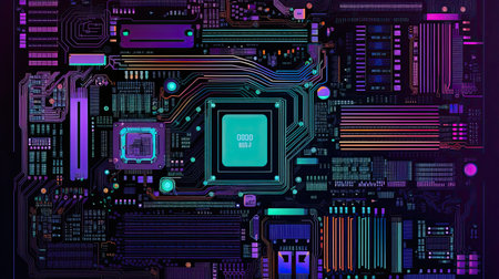 Purple motherboard hardware illustration with electrical componentsの素材