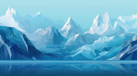 frozen landscape background with icy mountain peaks and a lakeの素材