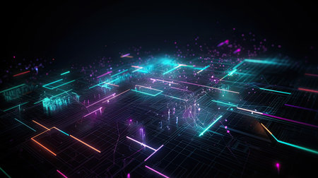 Abstract Technology Background with futuristic neon lines and copy spaceの素材