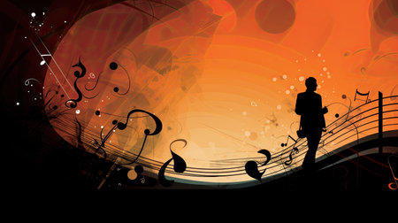 Abstract music background black and orange with staff and human silhouetteの素材