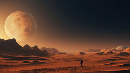 Enigmatic moonlit desert with a lone figureの素材