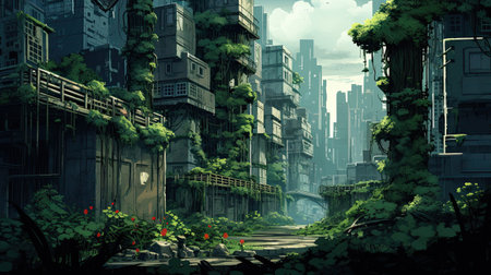 Urban jungle with skyscrapers and vinesの素材