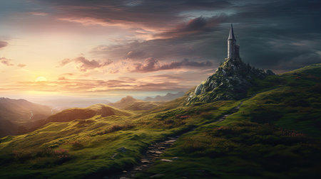 Mystical wizard's tower amidst rolling hillsの素材